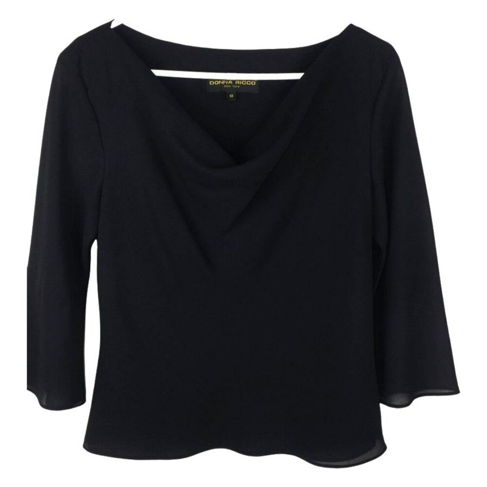 Donna Ricco New York Women Black Top size 10 Drape Neckline Evening Blouse JH915